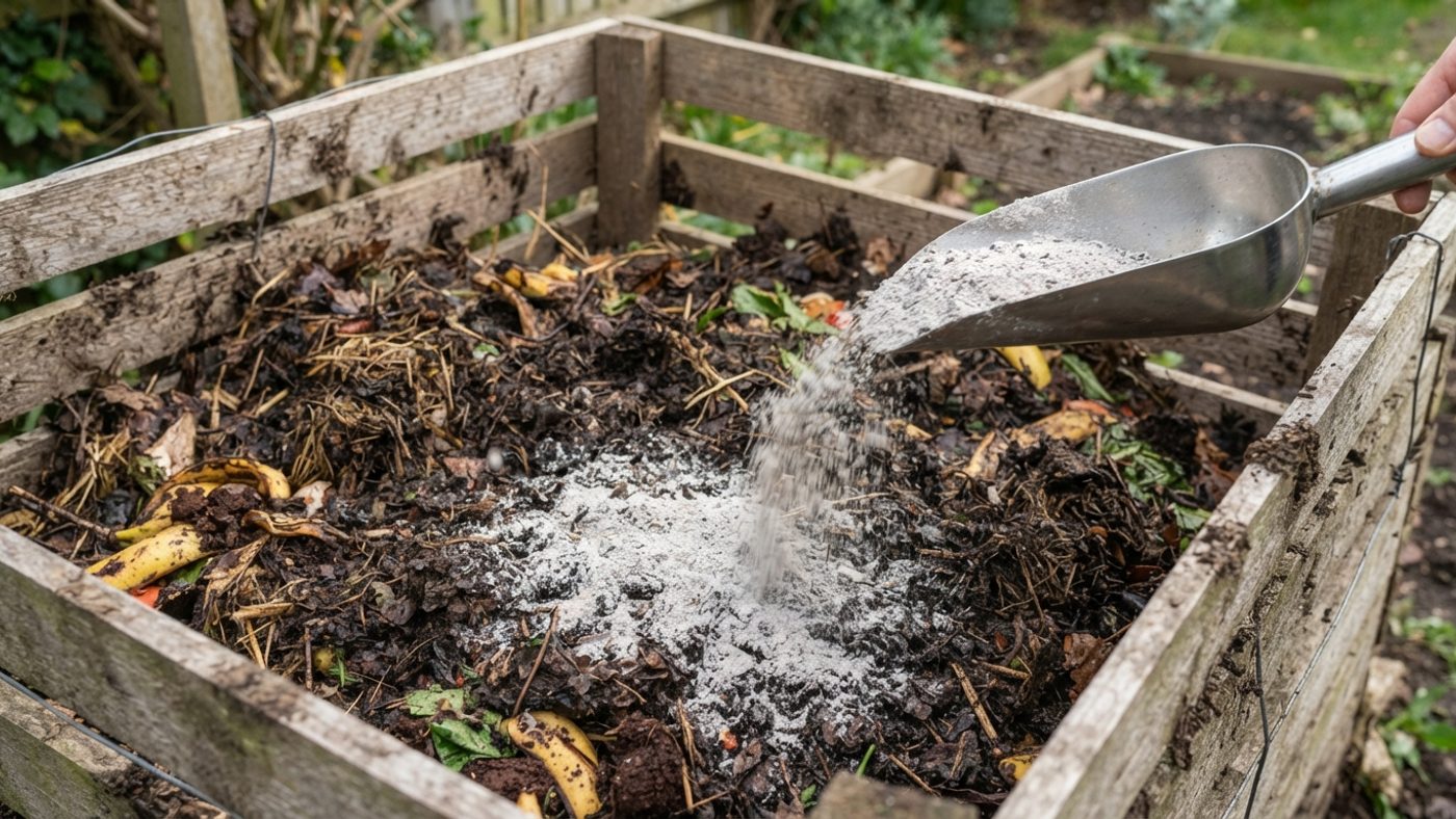 A thin layer of wood ash being added to a compost heap between layers of organic material