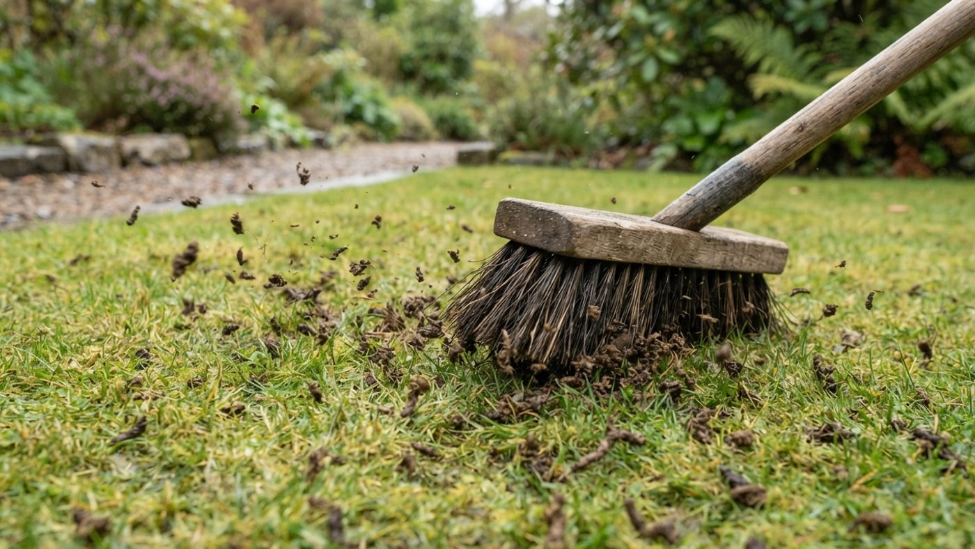 A stiff garden brush sweeping small dried worm casts off the surface of a lawn