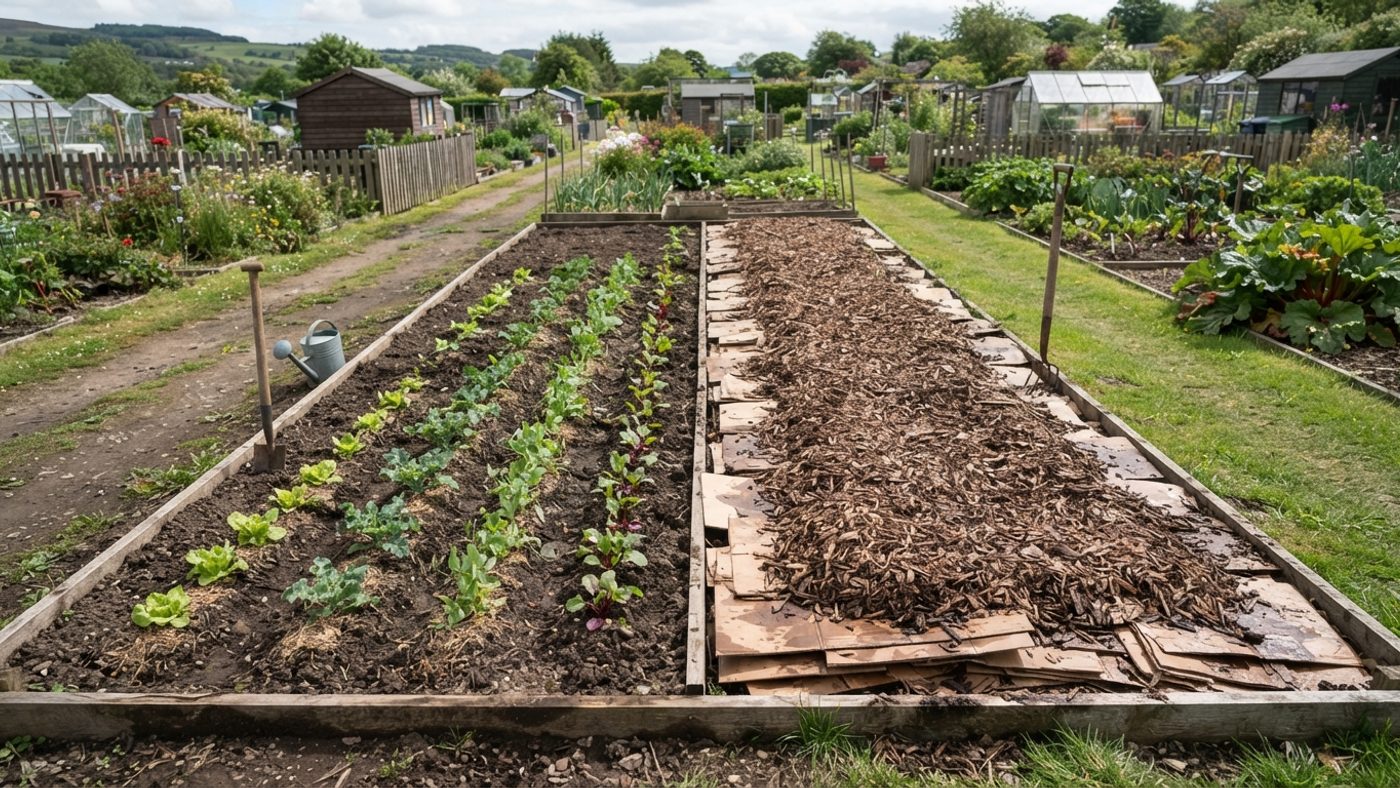 Half an allotment plot cleared and planted with young vegetables, the other half covered with cardboard and mulch