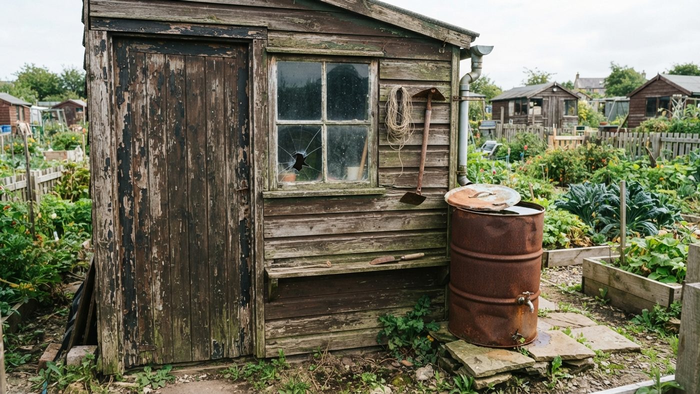 A weathered old allotment shed with a cracked window pane and a rusted water butt beside it