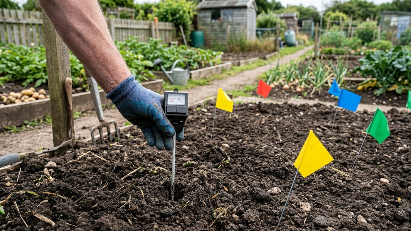A hand pushing a soil probe meter into the ground at one of several small marker flags placed across an allotment plot