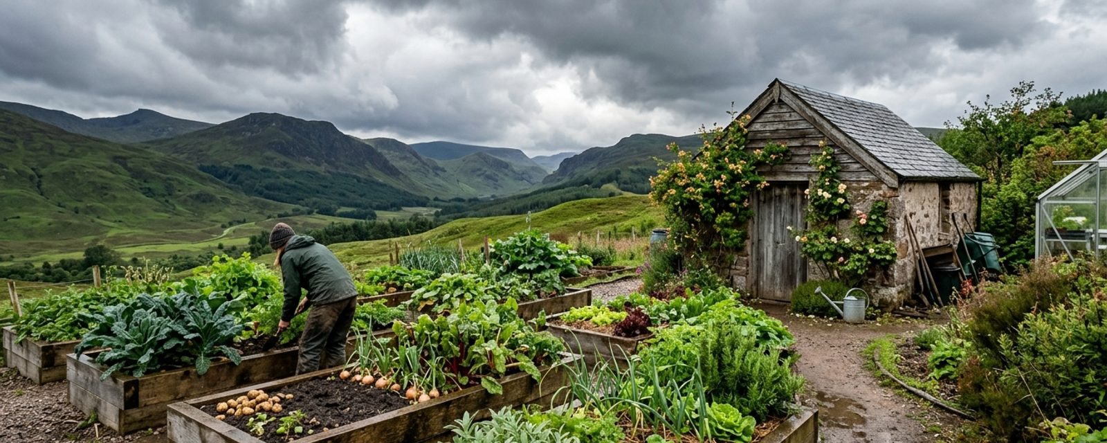 Rain clouds moving in over a Scottish vegetable garden