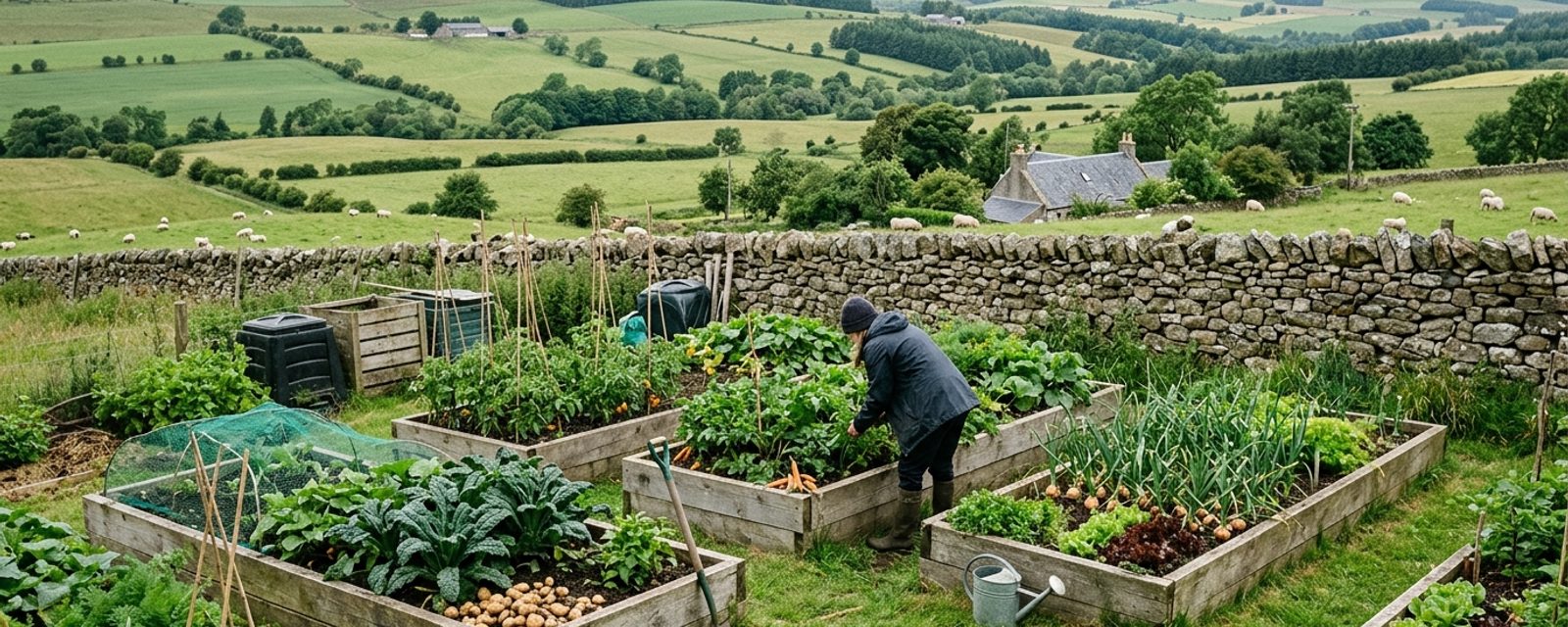 A vegetable garden in the Scottish Borders, with rolling farmland hills behind