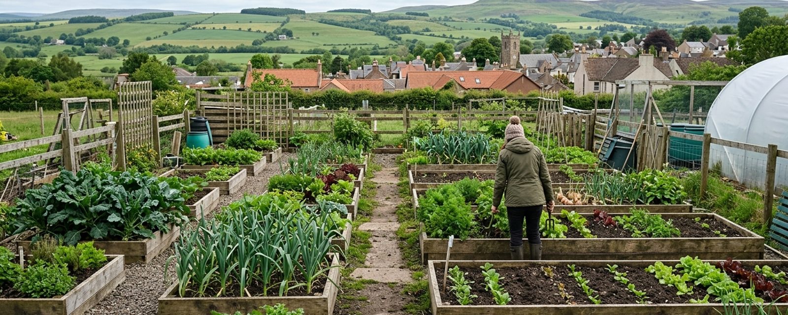 A lowland vegetable garden in the Scottish Central Belt, with a town visible beyond