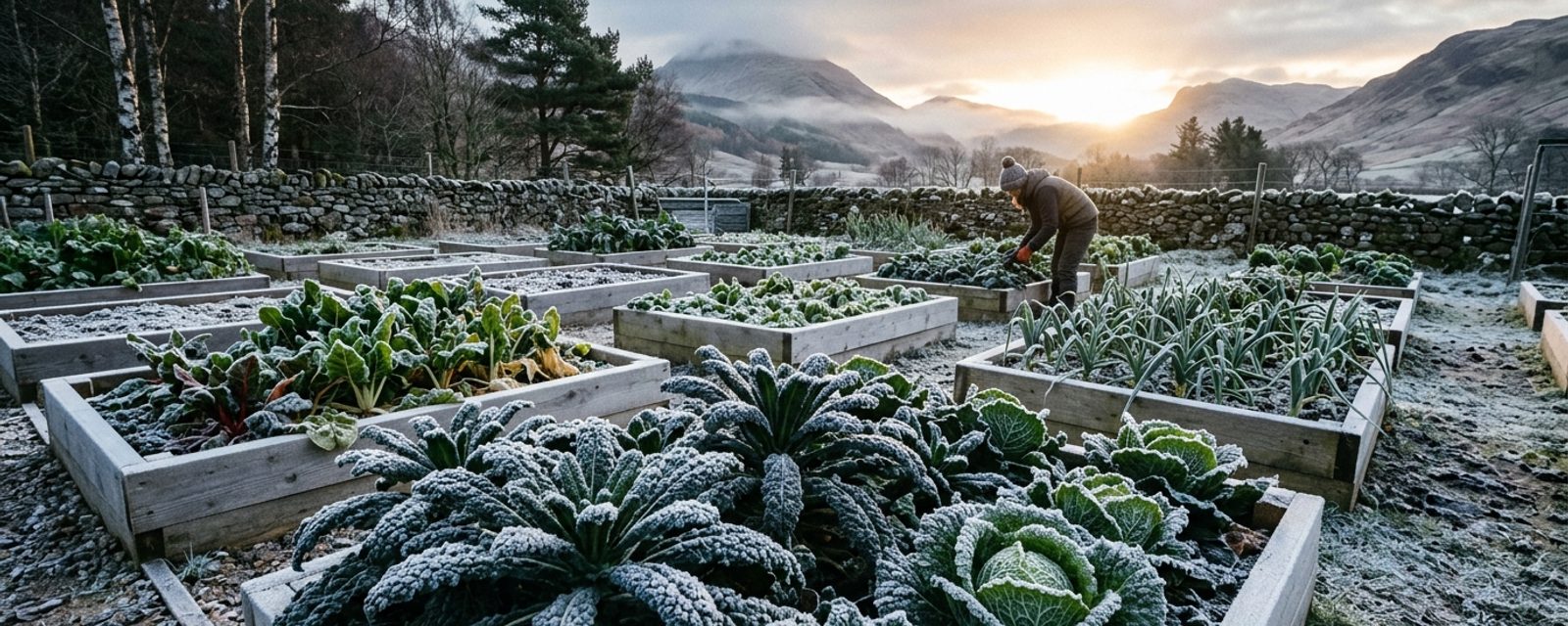 Early morning frost on vegetable beds in a Scottish garden