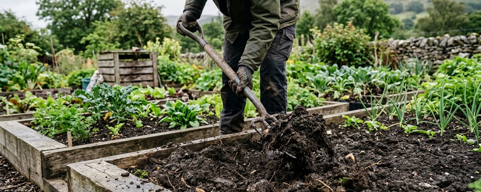 Dark garden soil being turned with a fork in a Scottish vegetable bed
