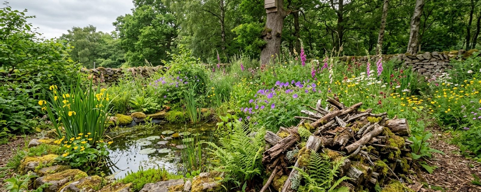 A wildlife-friendly Scottish garden with a pond, log pile and dense flowering border
