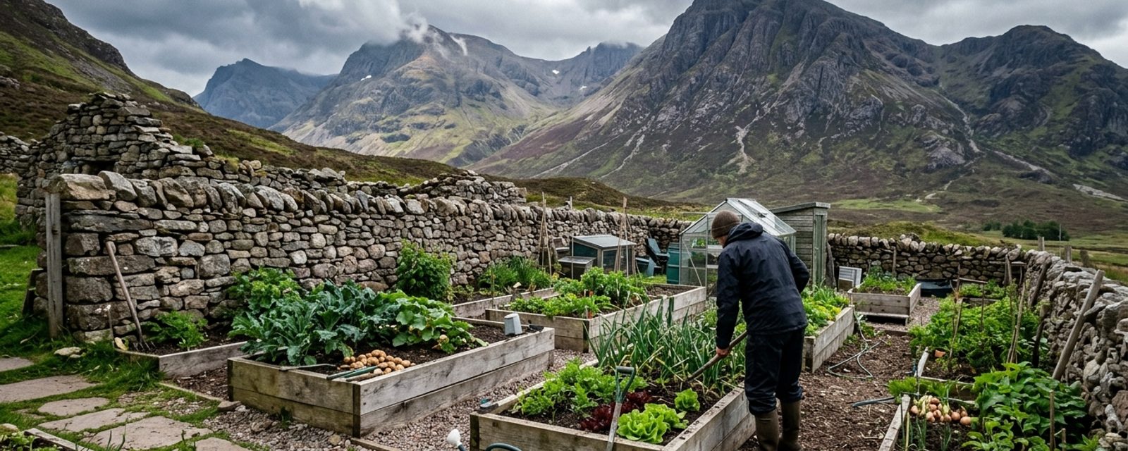 A vegetable garden with dramatic Highland mountains rising behind it