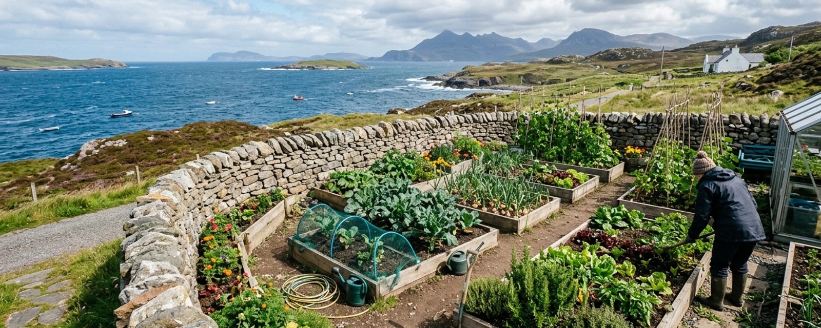 A wind-sheltered vegetable garden on a Scottish island, with the sea visible beyond
