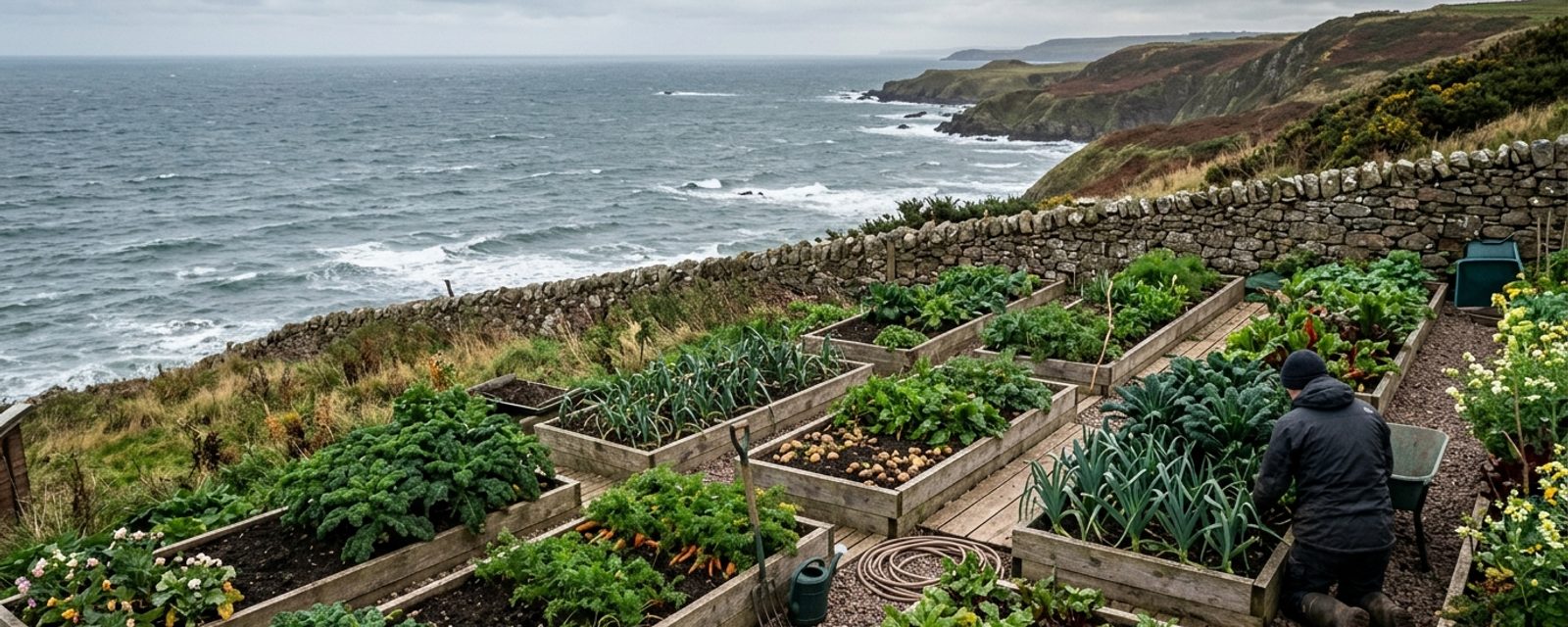 A vegetable garden on the northeast Scotland coast, with the sea visible beyond