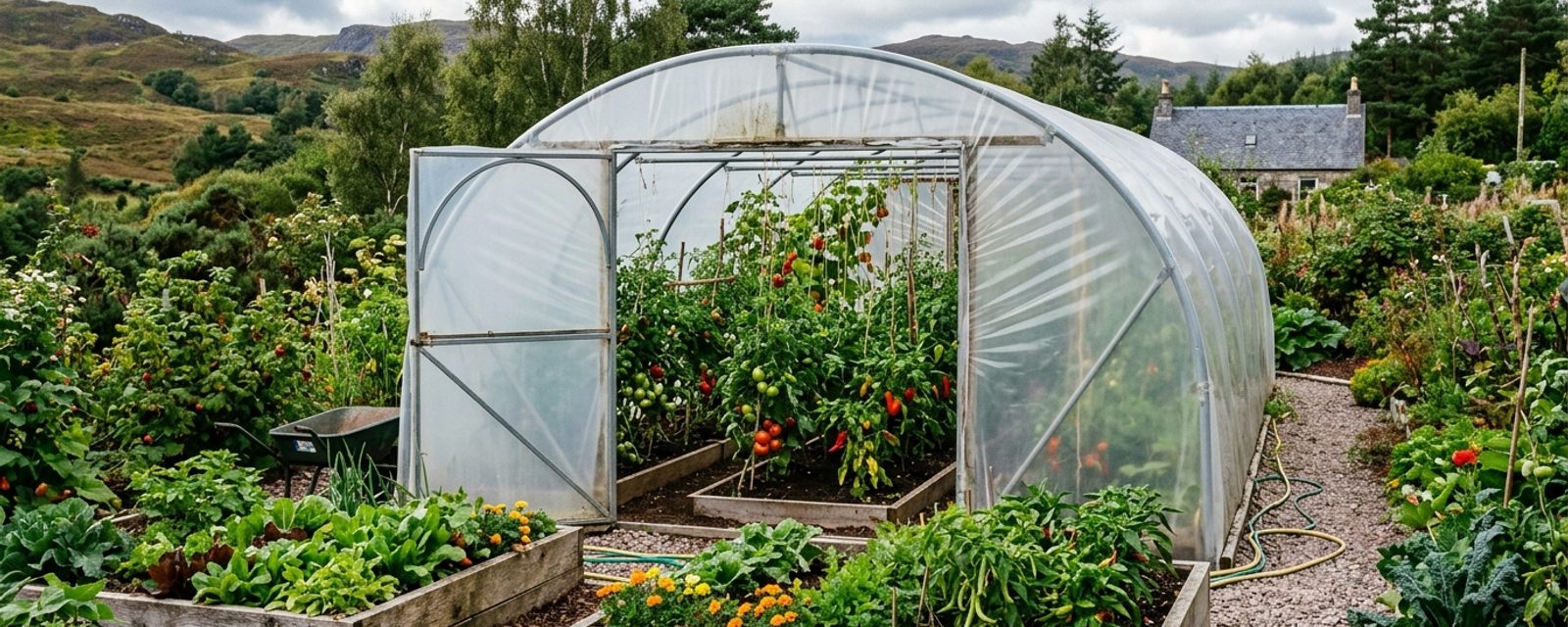 A polytunnel in a Scottish garden with the door open showing crops inside