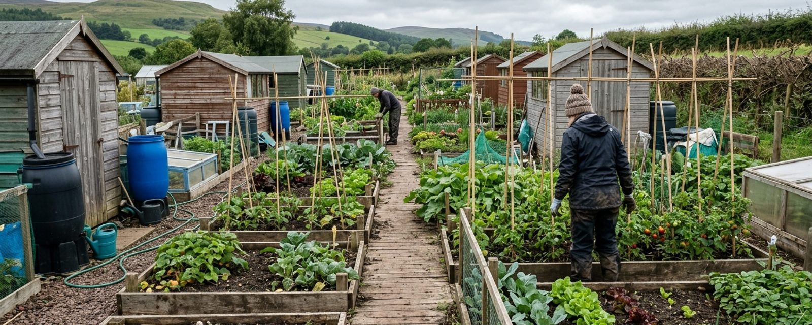 Scottish allotment plots with sheds and raised beds side by side