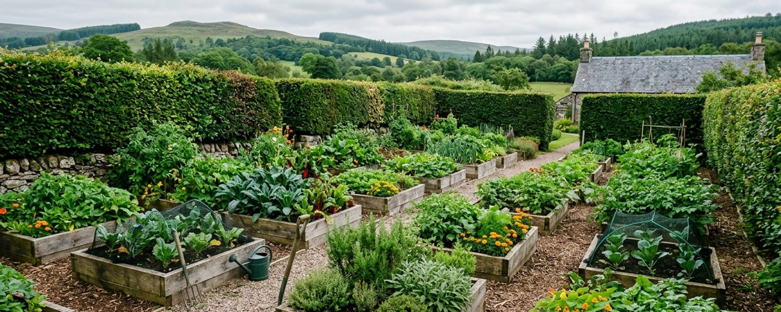 A lush, mild vegetable garden in southwest Scotland